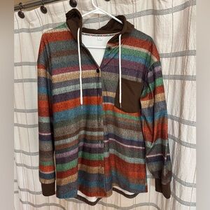 Multicolor Striped Hooded Button-Up Sweater